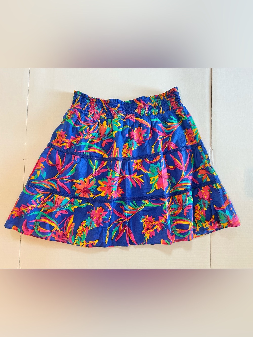 JCREW Tropical Floral Blue Skirt Tiered Lined Cotton Vacation Resort Size Medium - Picture 2 of 12